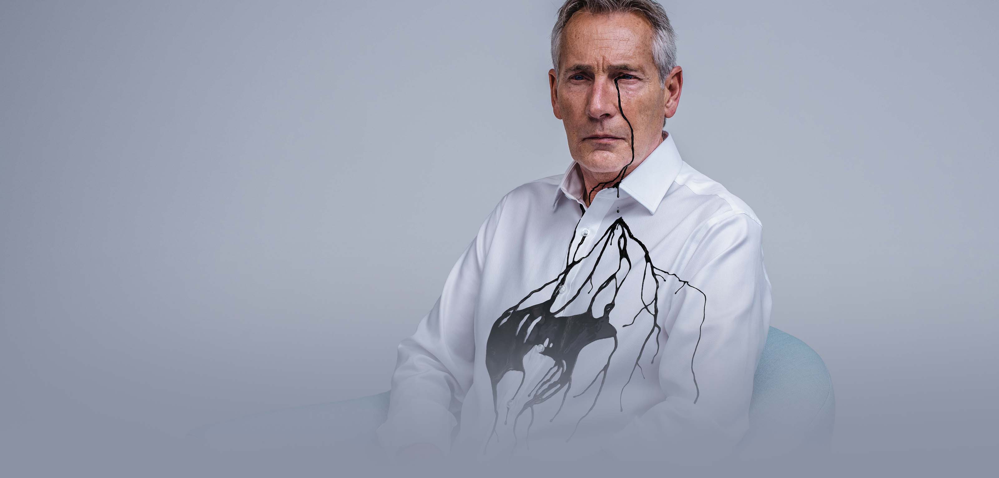 Uveal melanoma ad campaign for Immunocore. A man with fluid draining from his eye onto his chest