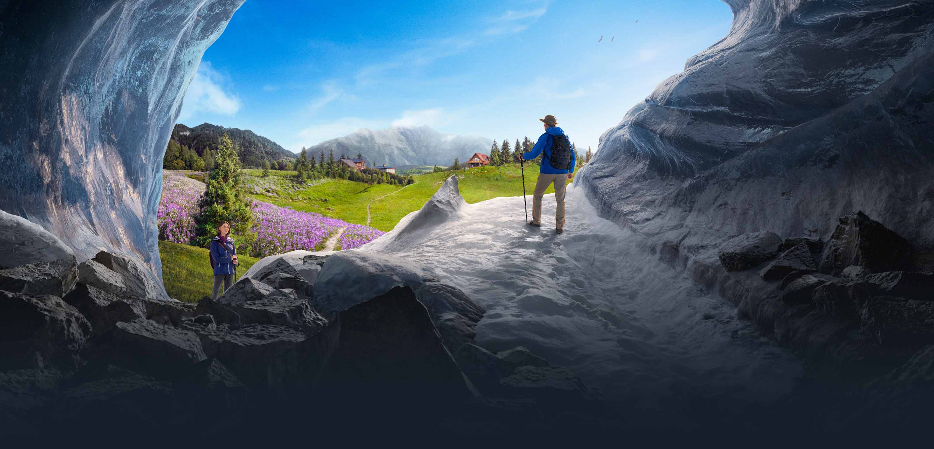 Novel t-cell therapy ad campaign for Kimmtrak. Image of a hiker emerging from a large ice cave