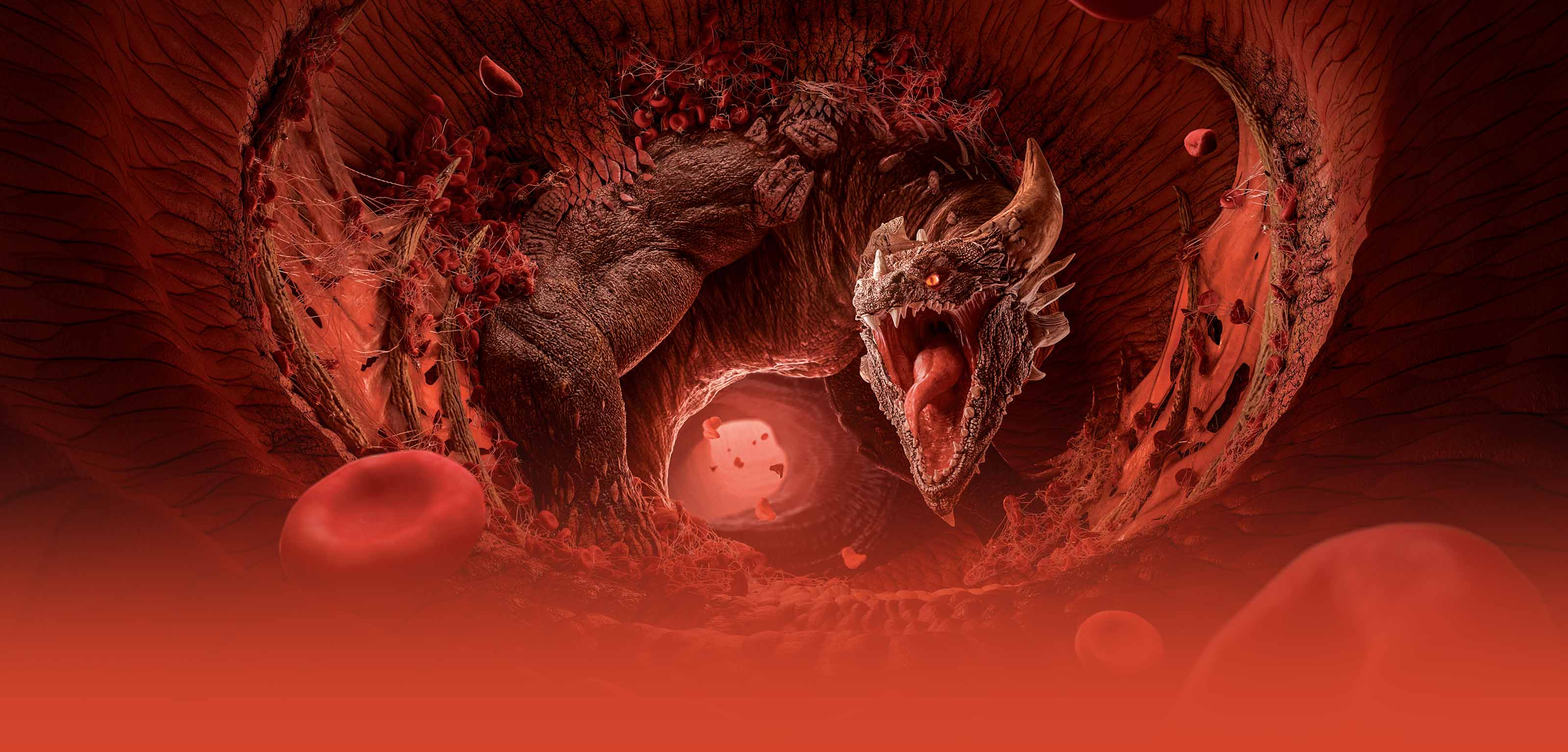 HSCT-TMA ad campaign for OMEROs. Image of a red horned dragon mouth wide open showing its teeth